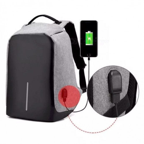 MOCHILA ANTIRROBO IMPERMEABLE CON PUERTO DE CARGA USB GRIS